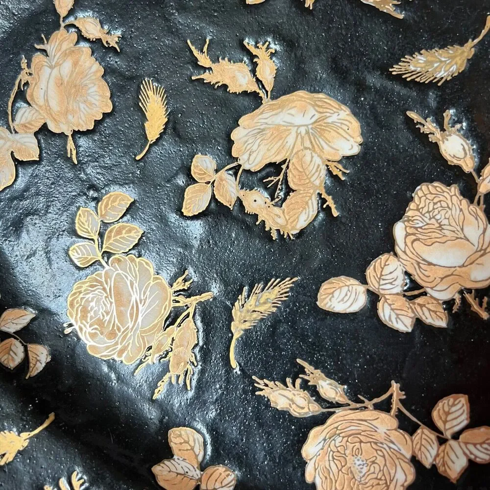 VTG Chinoiserie Polychrome Black‎ Gold Gilt Rose Floral Porcelain Platter Large